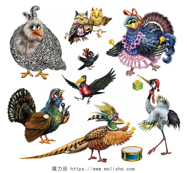 一套卡通动物合集一套有趣的鸟，卡通乌鸦，豚鼠，猪，木毛，野鸡和猫头鹰的衣服，孤立的字符在白色背景